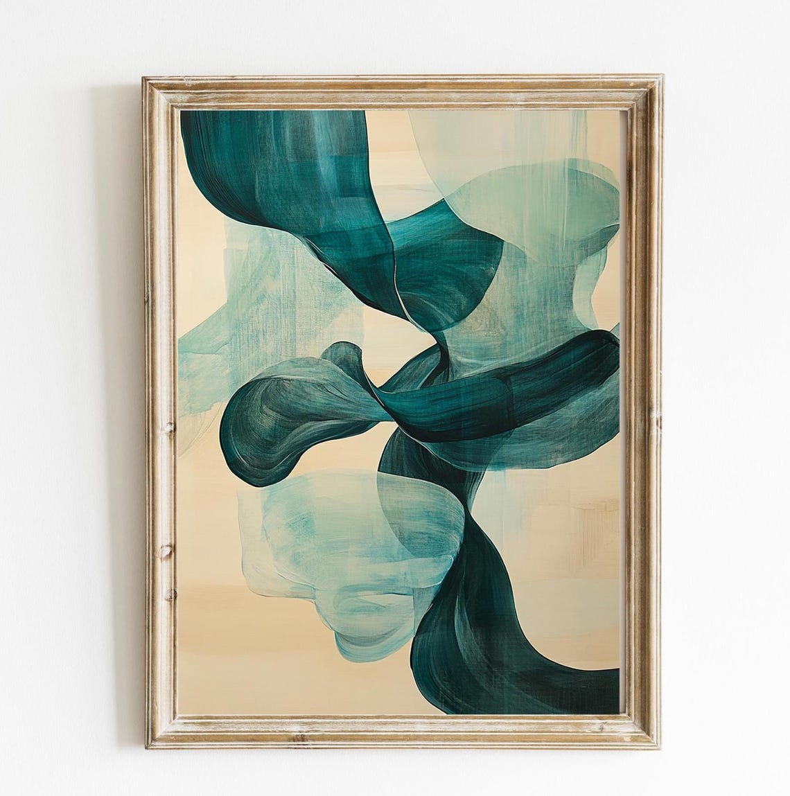 Painterly Teal And Cream Abstract Organic Waves Modern Decor Poster