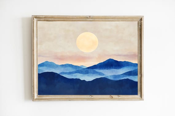 Abstract Night Mountain Contemporary Moon Painting Vibrant Wall Art Boho Nature Print E566