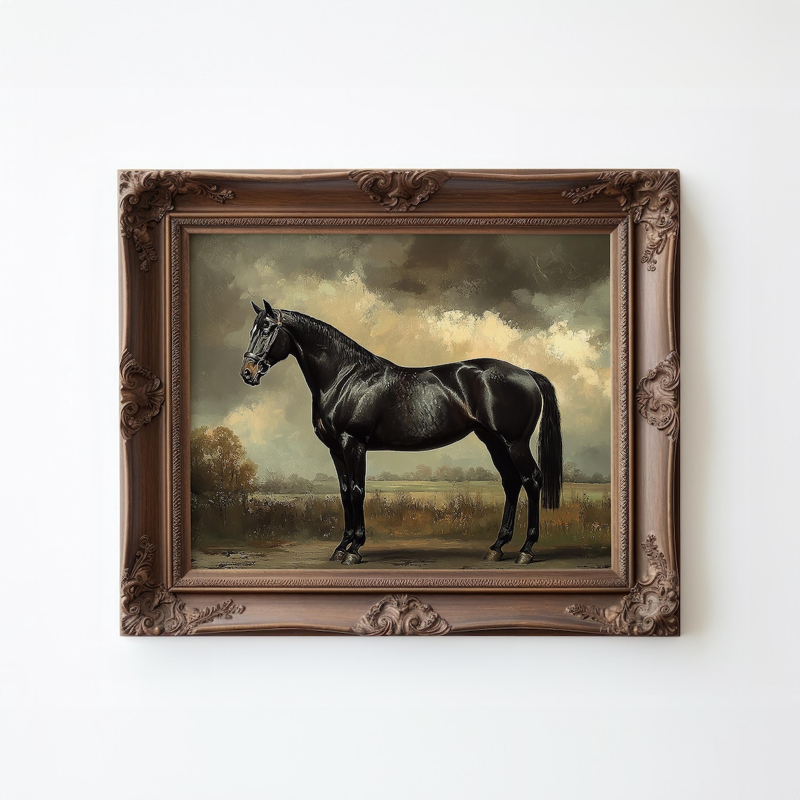Vintage Black Horse Painting, Rustic Equestrian Art