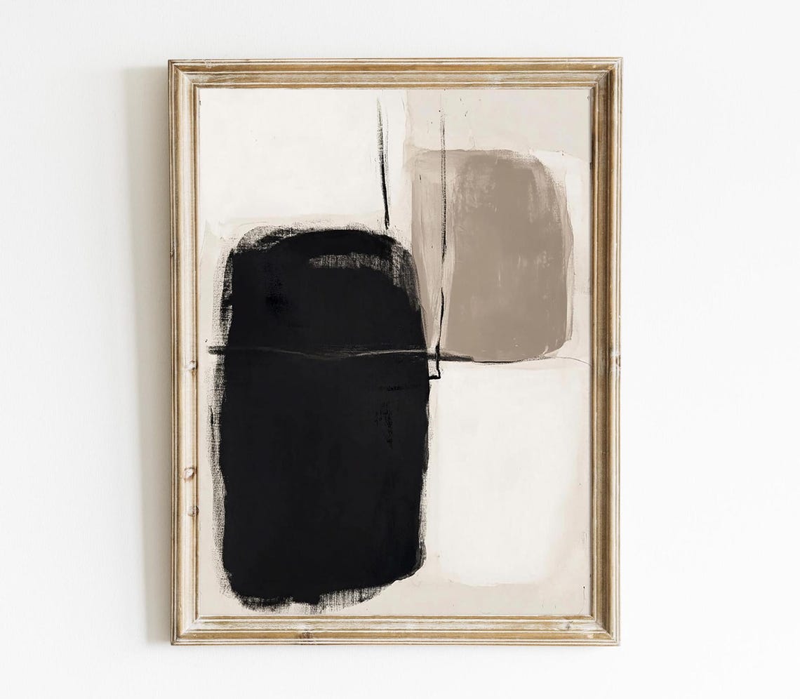 Neutral Abstract Art Black Beige Blocks Minimalist Wall Print