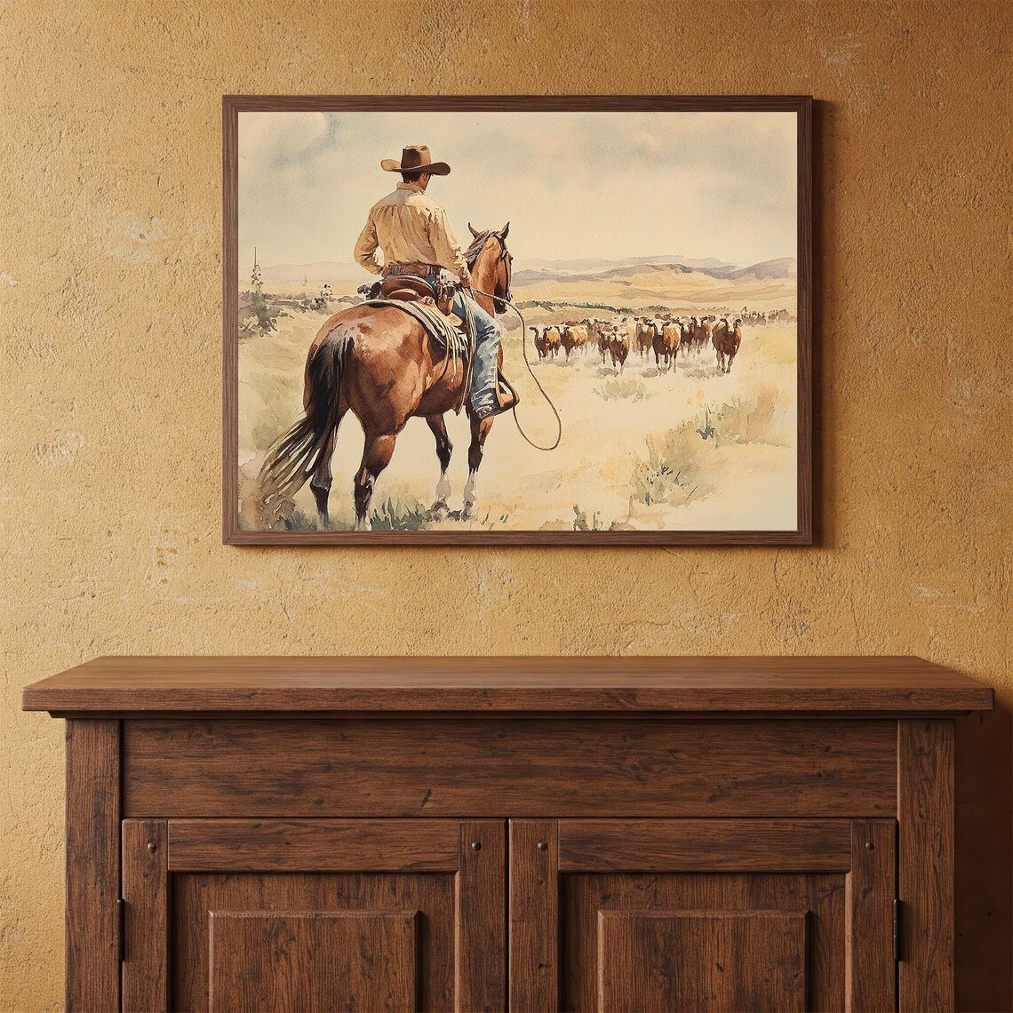 Cowboy Horseback Cattle Drive Watercolor Western Ranch Poster