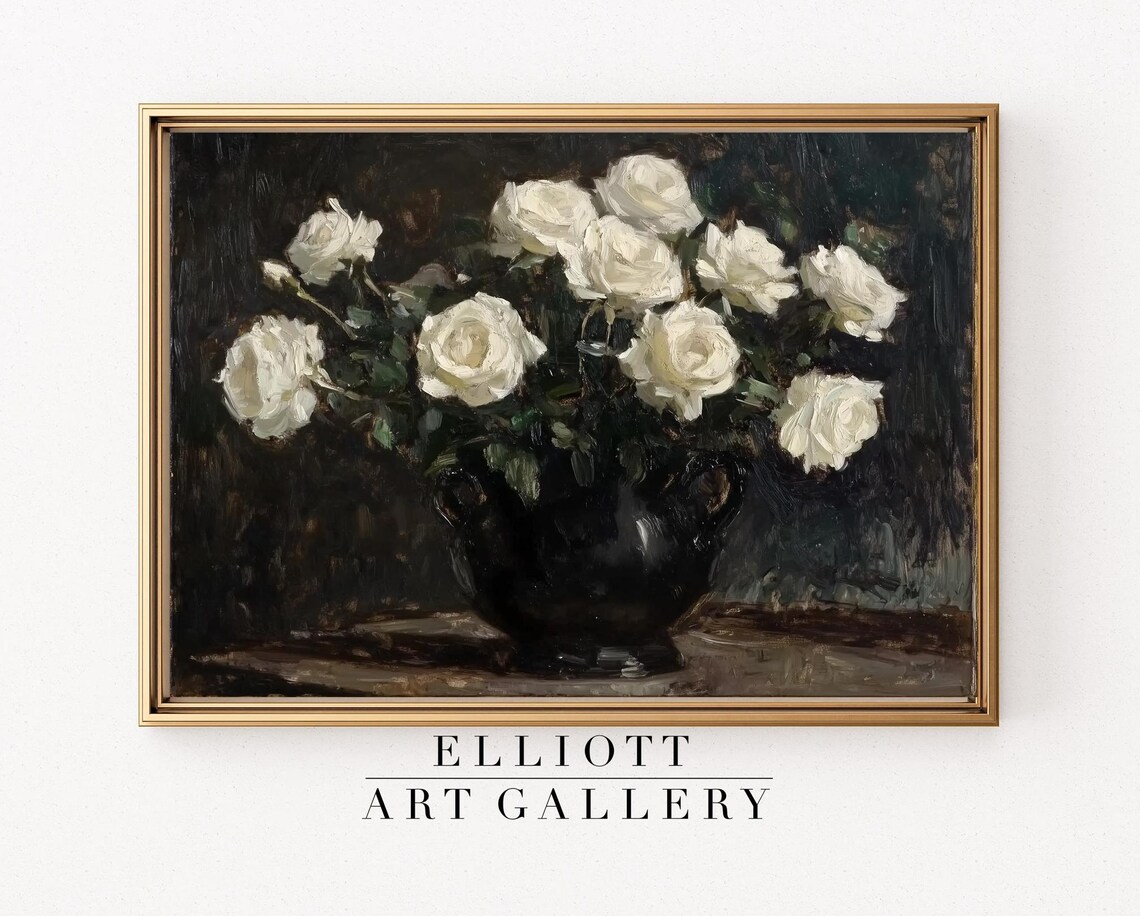 Muted White Roses Vintage Floral Still Life Art Print