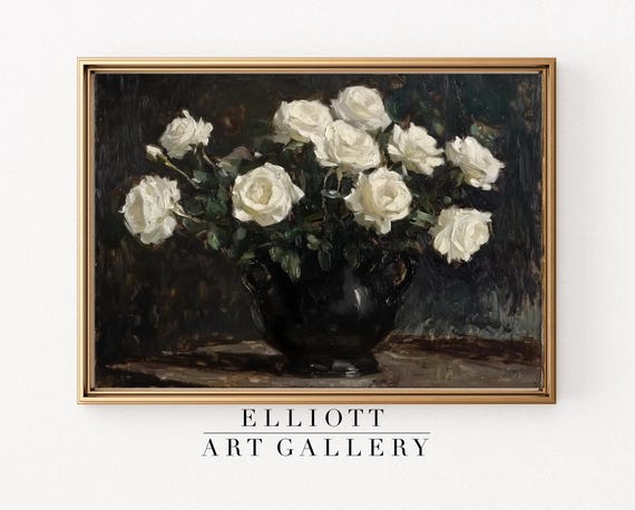 Muted White Roses Vintage Floral Still Life Art Print