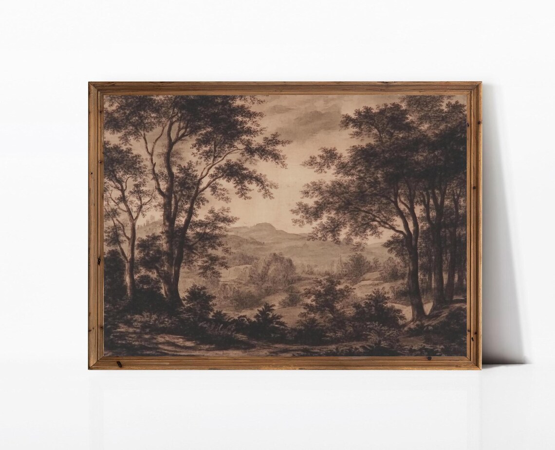Vintage Moody Sepia Landscape Art Print, Farmhouse