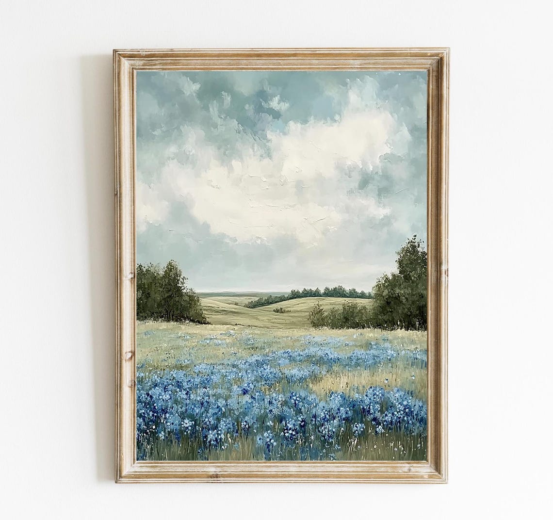 Blue Wildflower Meadow Watercolor Landscape Wall Art Spring Floral