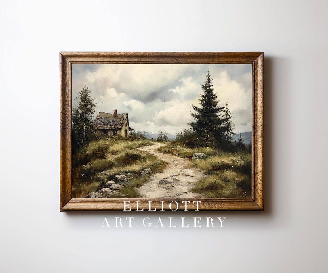 Rustic Cottage Pine Forest Landscape Vintage Oil Painting Print
