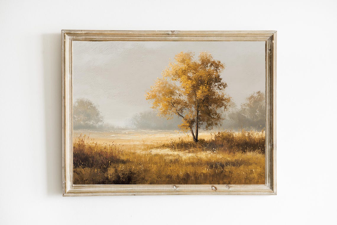 Golden Autumn Tree in Misty Field Landscape Print for Fall Home Decor