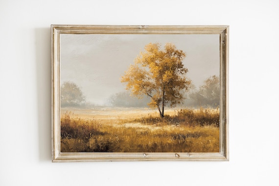 Golden Autumn Tree in Misty Field Landscape Print for Fall Home Decor