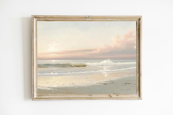 Muted Pastel Beach Sunset Waves Vintage Seaside Oil Painting Poster