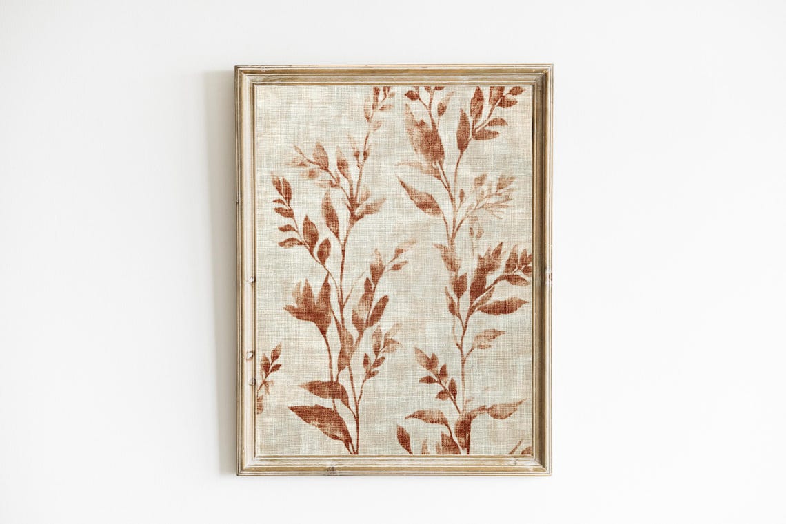 Burnt Orange Autumn Leaf Stems Vintage Botanical Textile Wall Art
