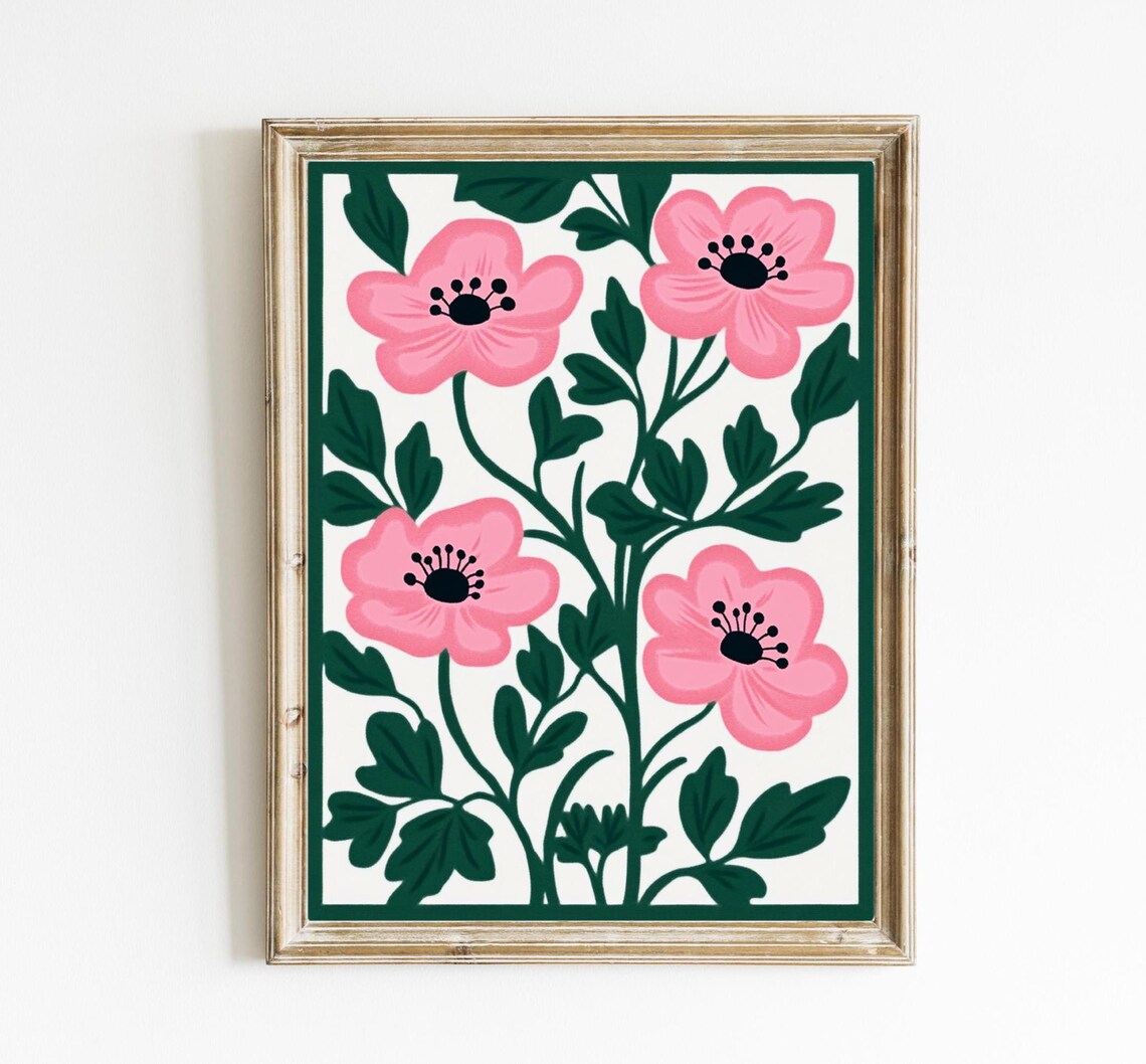 Colorful Abstract Floral Boho Botanical Spring Wall Decor Bright Print Pink And Green Nursery Art E405