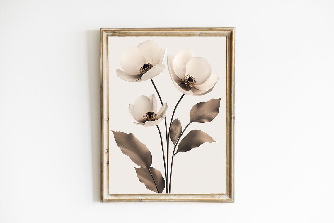 Neutral Beige Minimal Floral Botanical Art Poster with Taupe Leaves