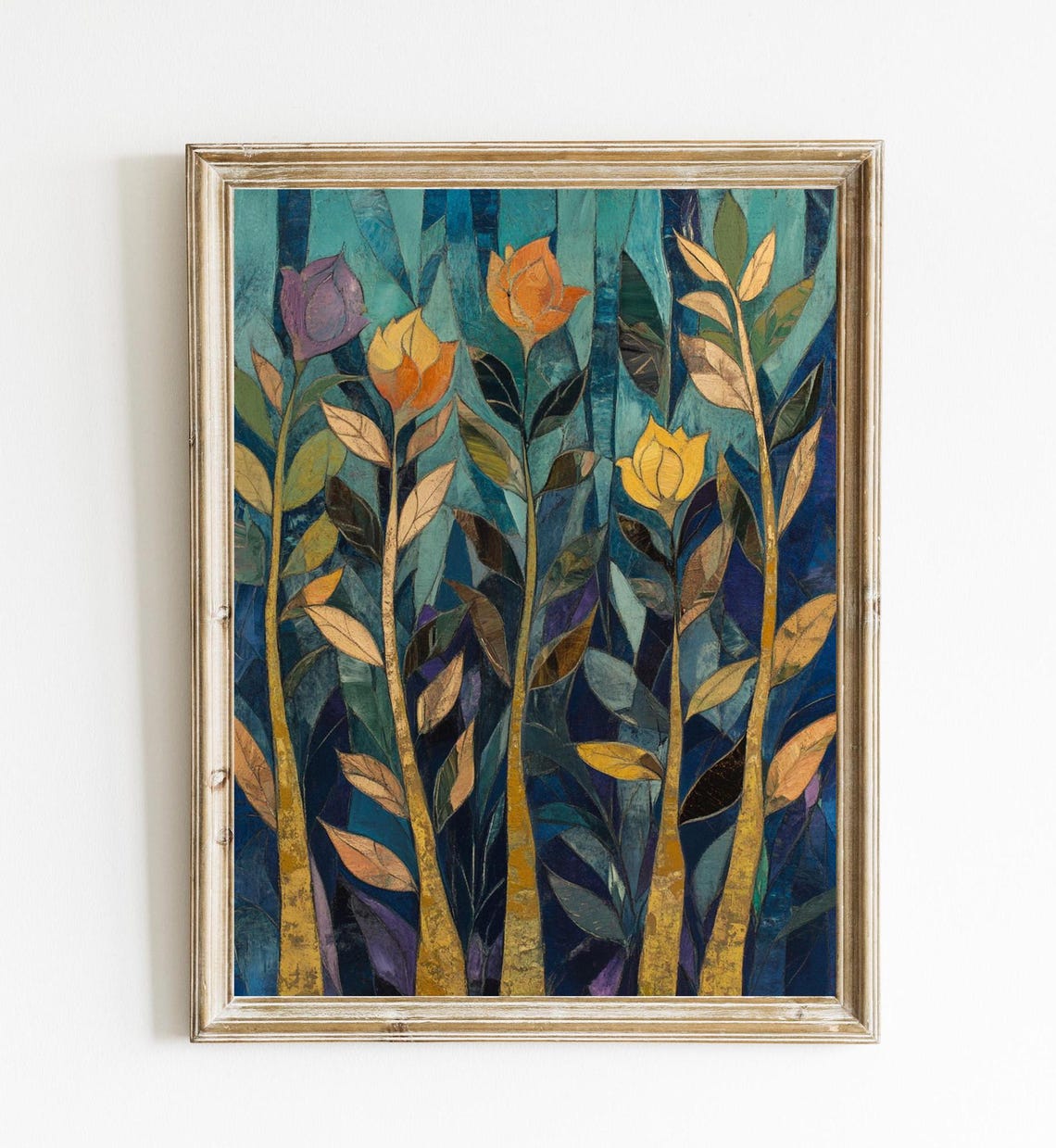 Vintage Botanical Flowers Folk Art Floral Teal Background Poster