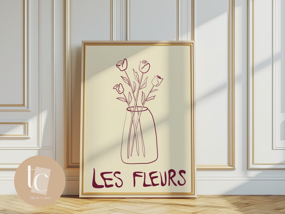 Les Fleurs Maroon Line Art Roses Bouquet French Botanical Poster