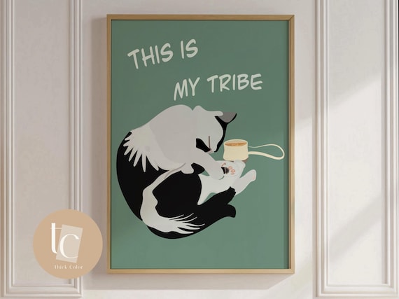 This Is My Tribe Cute Curled Cats Coffee Sage Green Cat Lover Poster
