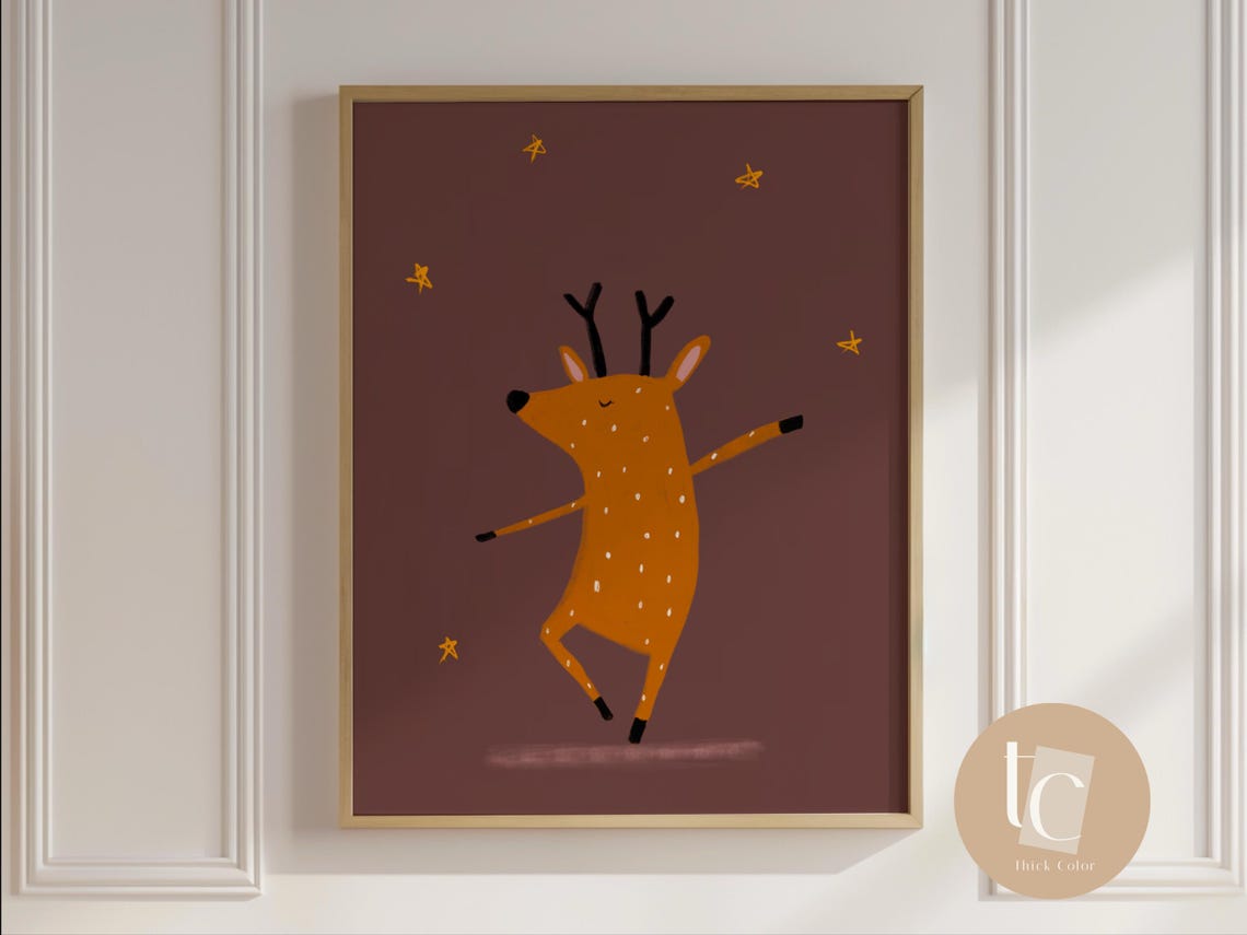 Little Dancing Reindeer Under Golden Stars Plum Nursery Art Poster