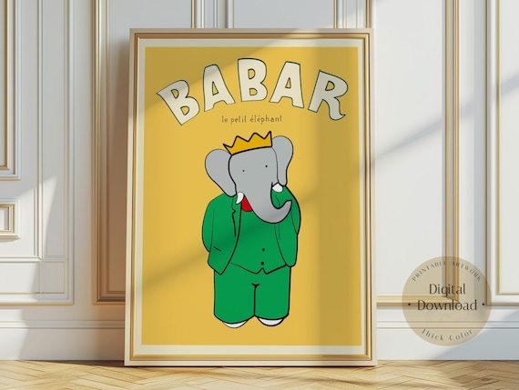Babar The Elephant Hot Air Balloon Nursery Wall Art Retro Kids Decor Quote Genre Neutral Baby Illustration Print