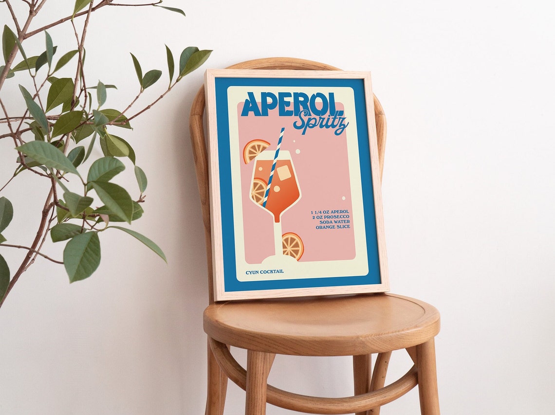 Aperol Spritz Cocktail Recipe Retro Blue Pink Bar Kitchen Poster - Image 3
