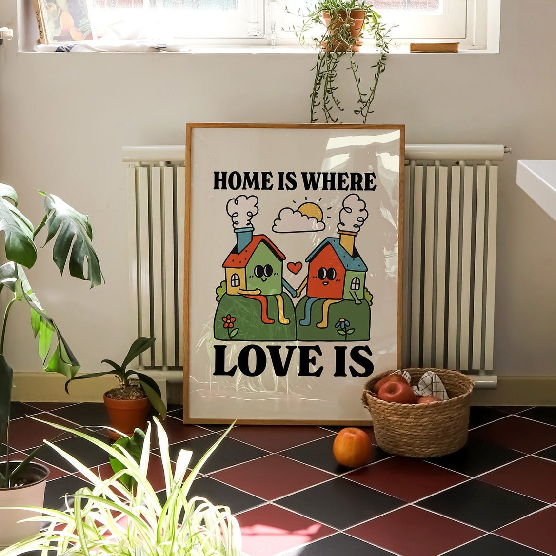 Home Is Where Love Is Smiling Houses Holding Hands Retro Wall Art - Image 3