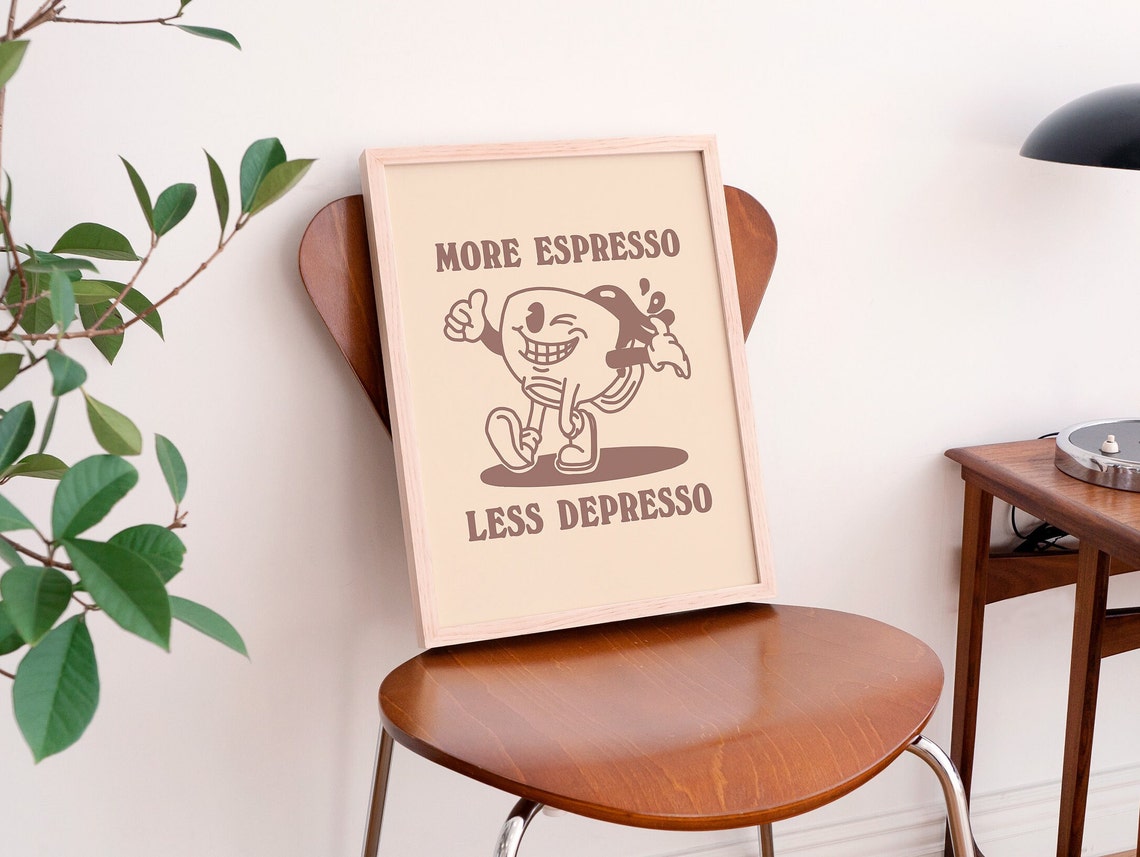 More Espresso Less Depresso Retro Coffee Mascot Cartoon Poster - Image 2