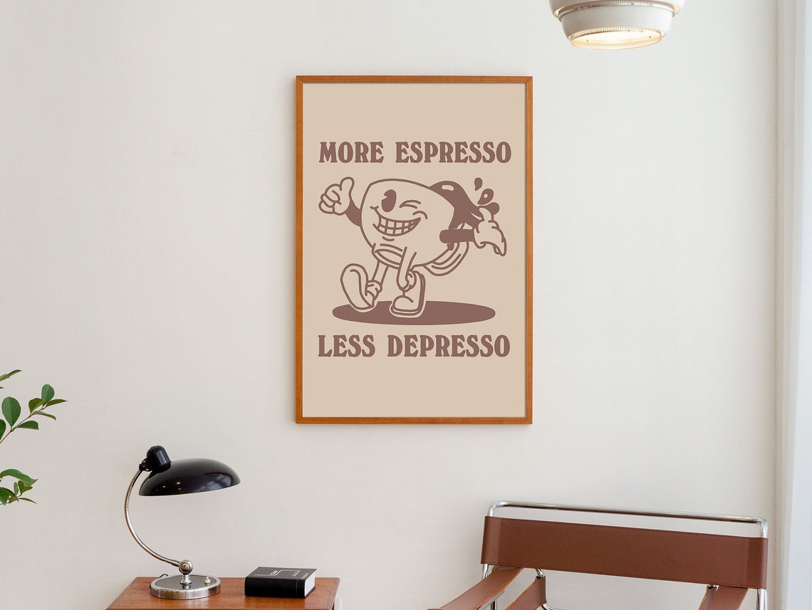 More Espresso Less Depresso Retro Coffee Mascot Cartoon Poster - Image 3