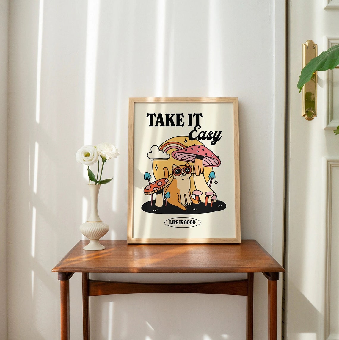 Take It Easy Funny Cat Mushroom Rainbow Retro Life Is Good Poster - Image 3