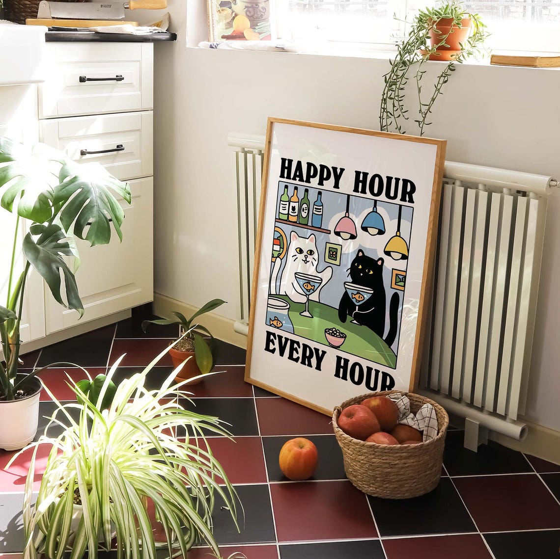 Happy Hour Every Hour Funny Cats Martini Bar Humor Quote Poster - Image 3