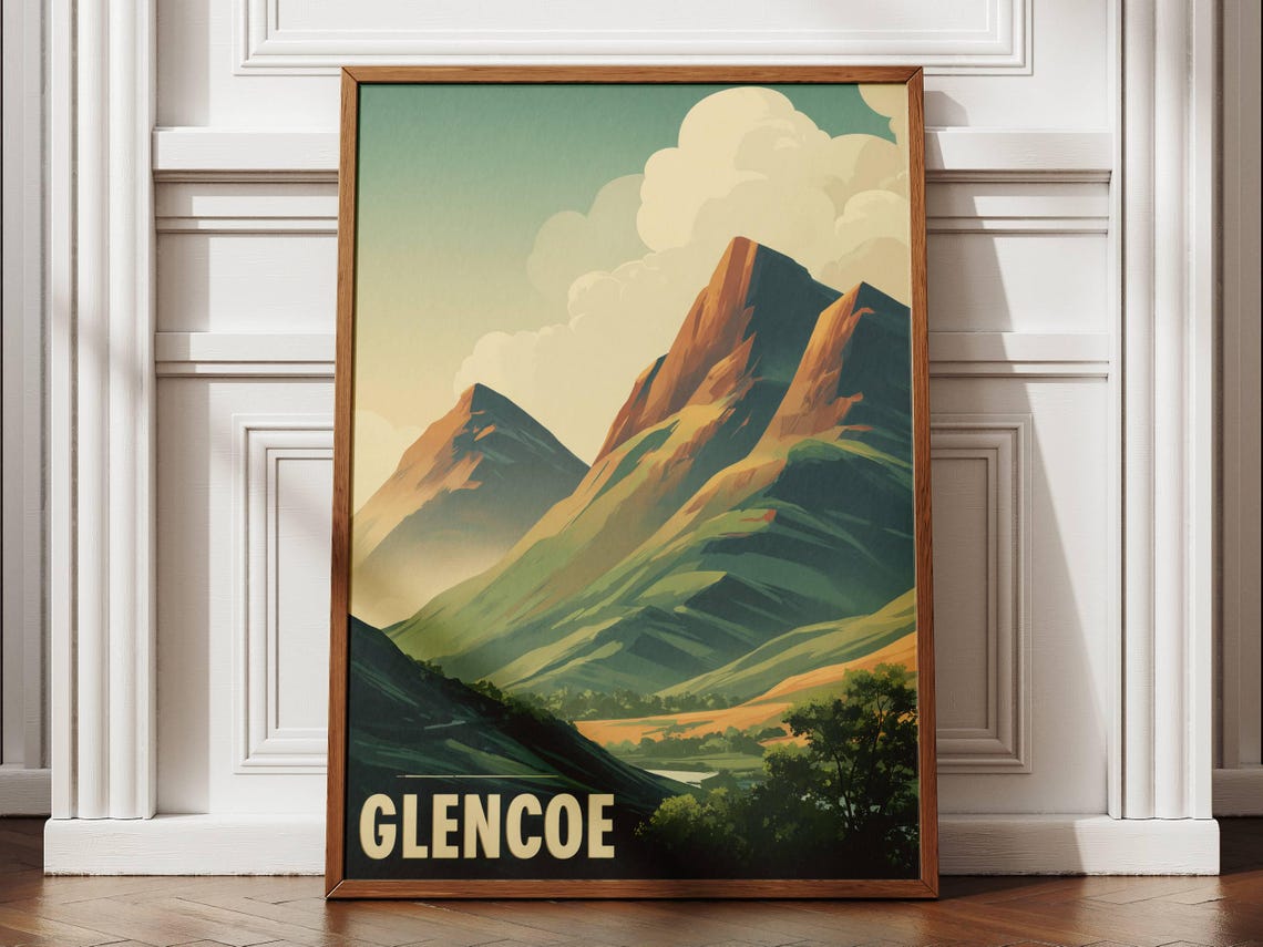 Glencoe Scotland Mountain Peaks Dramatic Highland Valley Travel Poster