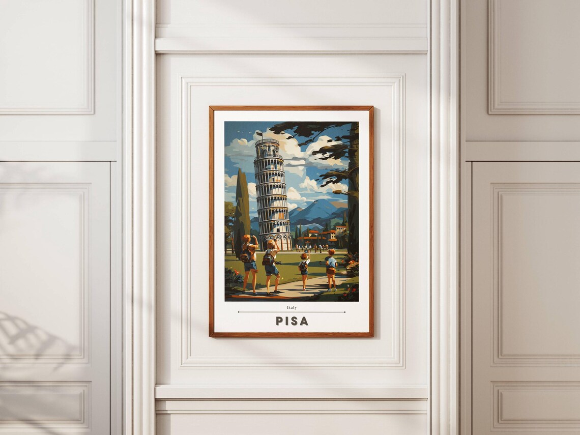 Leaning Tower of Pisa Italy Tourists Vintage Travel Style Poster