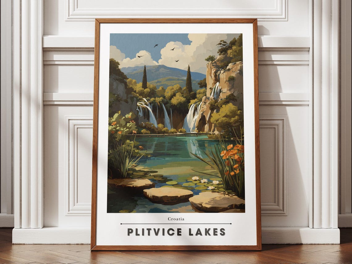Plitvice Lakes Croatia Turquoise Waterfalls Boardwalk Scene Poster