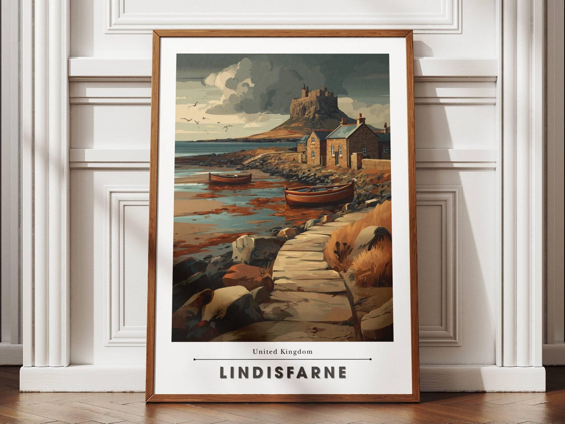 Lindisfarne United Kingdom Castle Coastal Vintage Travel Poster