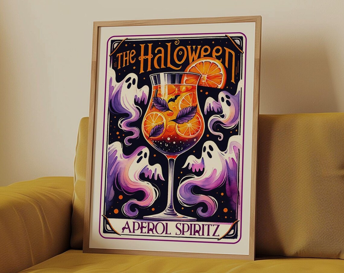 Halloween Aperol Spritz Cocktail Poster with Playful Ghost Illustrations