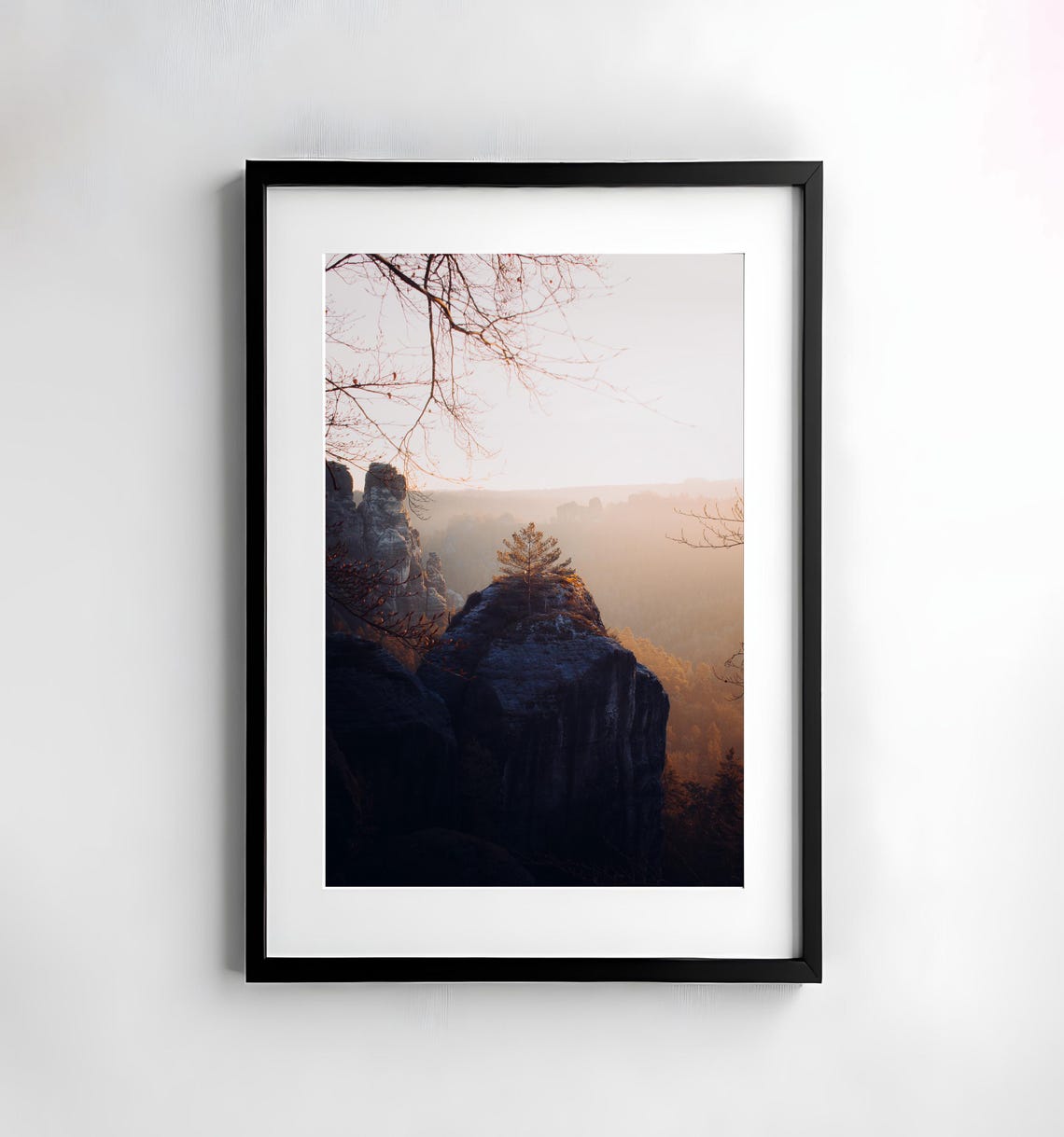 Sandstone Rock Formation Sunrise Lone Pine Tree Mountain Poster