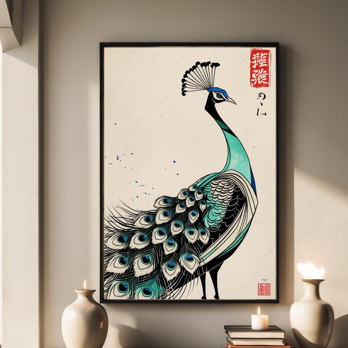 Peacock Japanese Ink Painting Style Teal Plumage Elegant Poster
