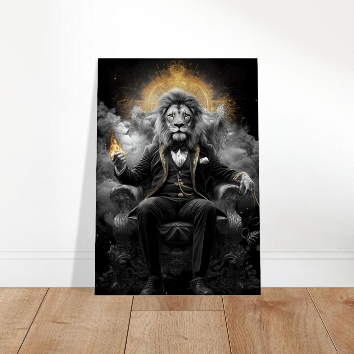Lion In Tuxedo Canvas Art Opulent Animal Portrait Decor