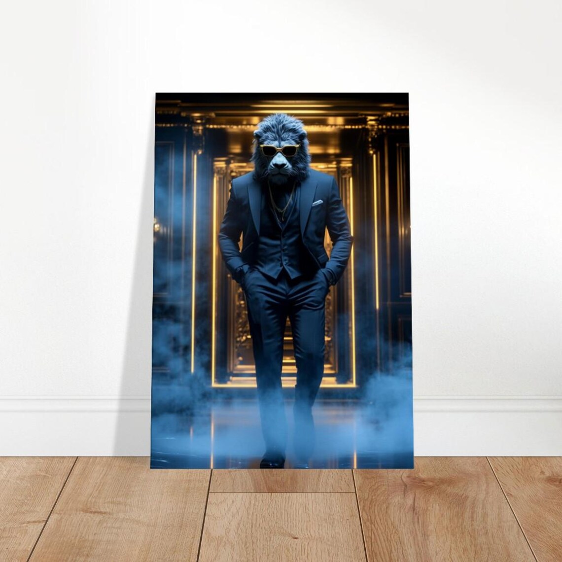 Lion In Black Suit Sunglasses Smoky Gold Corridor Luxury Wall Art