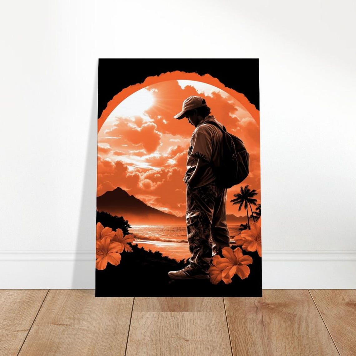 Sunset Traveler Silhouette Tropical Coast Orange Wanderer Art Poster
