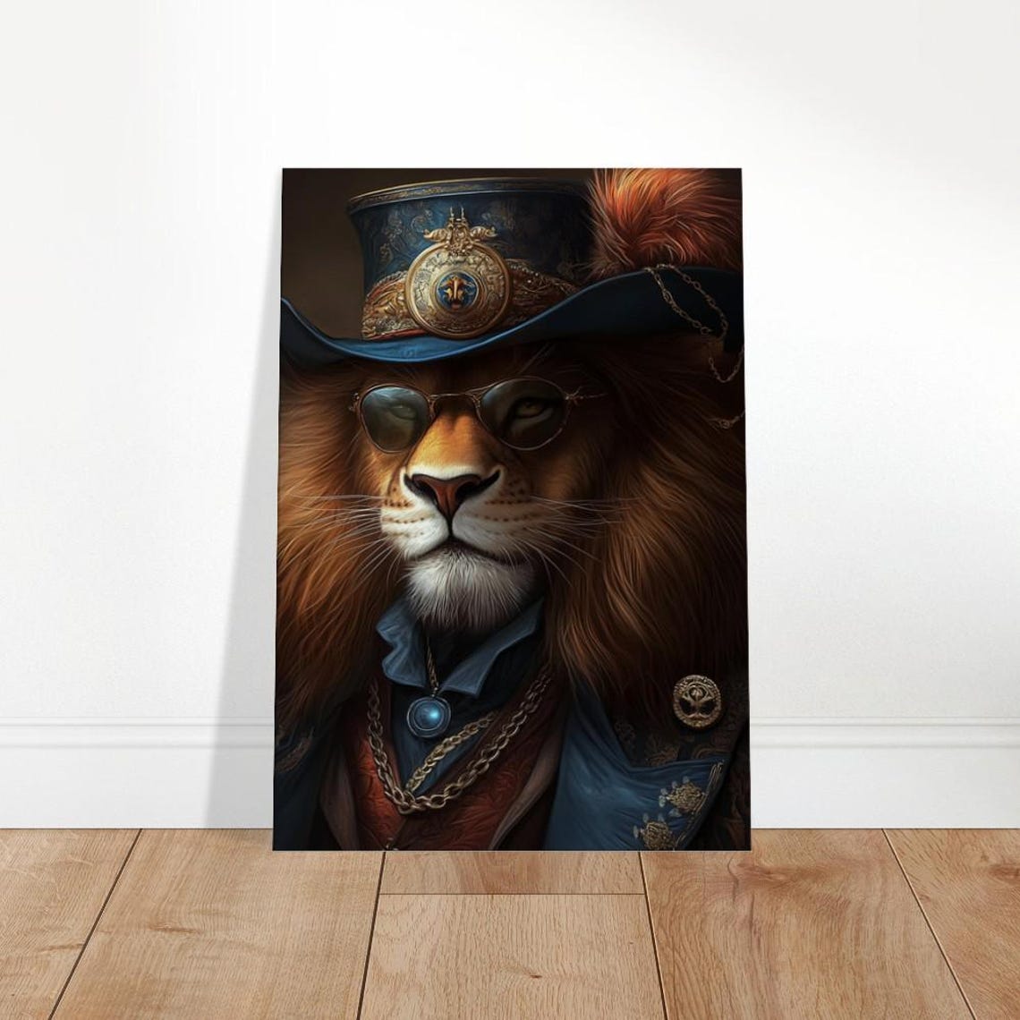 Steampunk Lion Portrait Top Hat Sunglasses Fashion Animal Wall Art