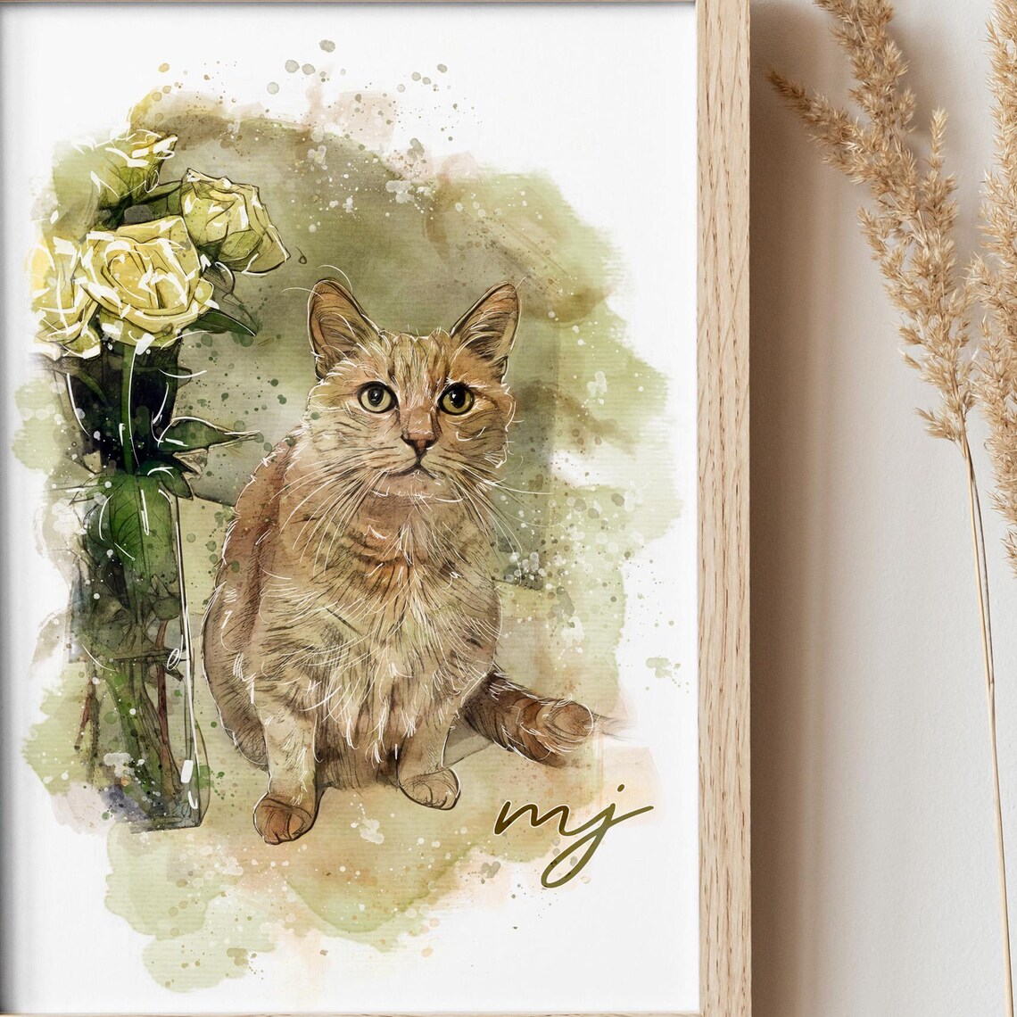 MJ Golden Tabby Cat Watercolor Portrait Roses Pet Lover Art Print