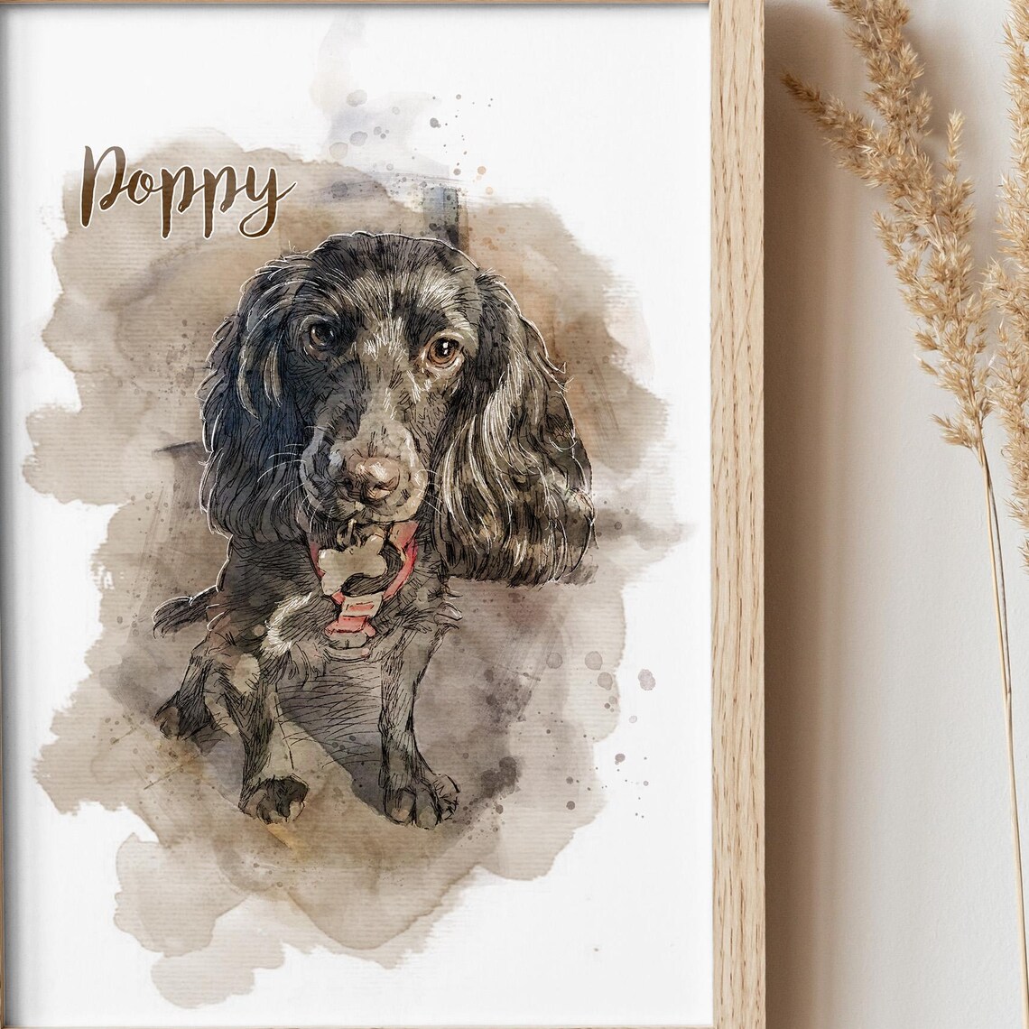 Poppy Cocker Spaniel Watercolor Portrait Red Collar Dog Art Print