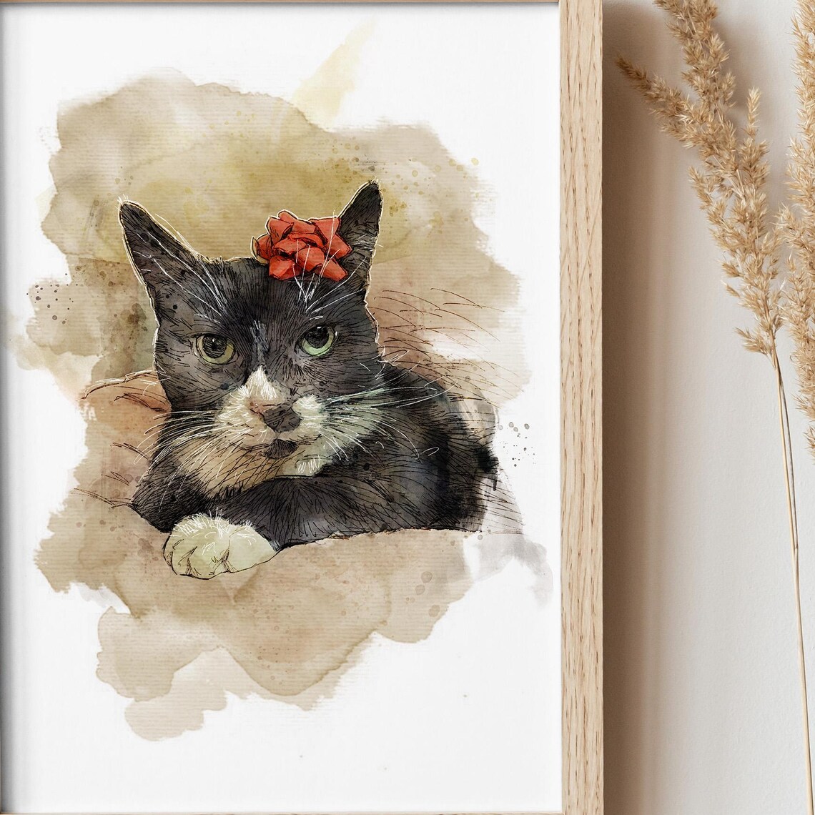 Black Cat Red Rose Watercolor Portrait Elegant Feline Art Print