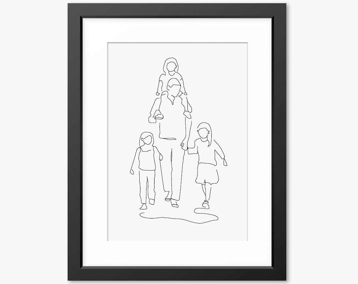 Proud Father Walking With Three Children Line Art Family Poster