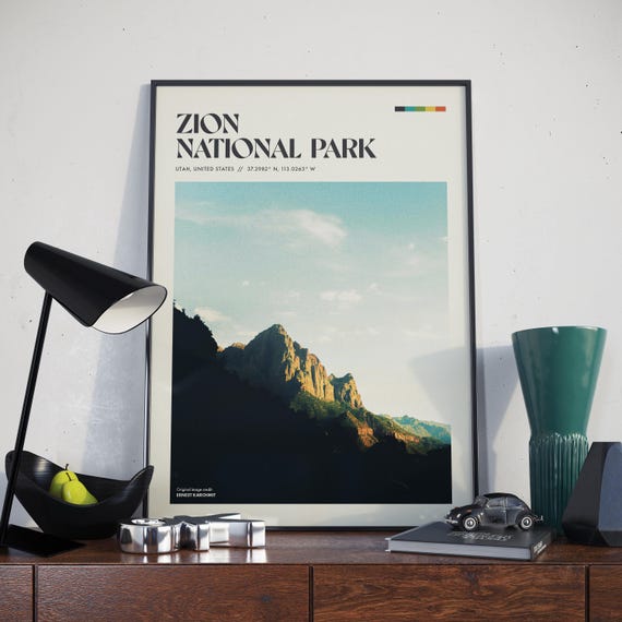 Zion National Park Retro Poster Design Usa Landscape Rustic Wall Art Home Decor Traveller Gift Vintage Travel Photography Print