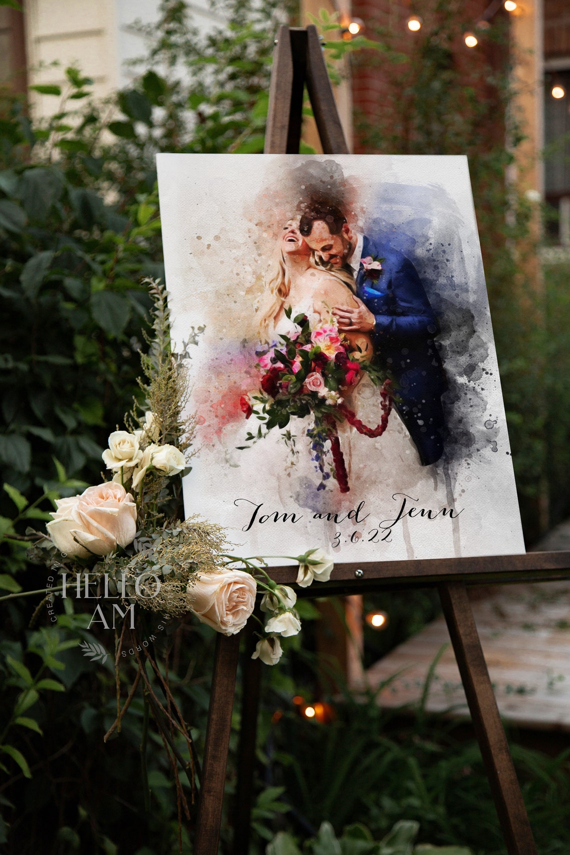 Custom Watercolor Wedding Guest Book Sign Couple Portrait Board Poster - Image 3