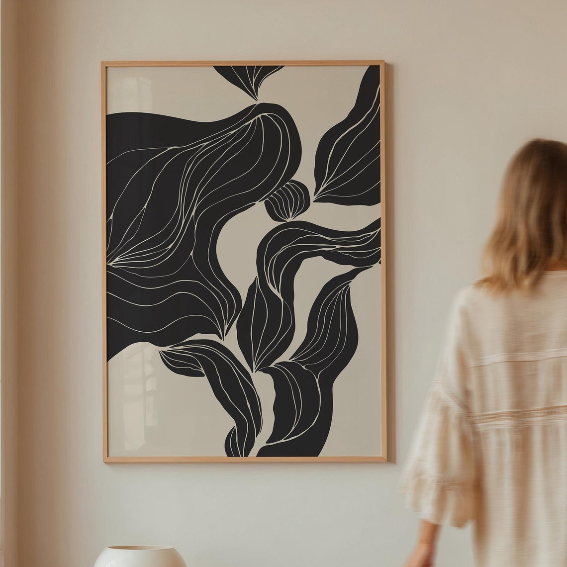 Abstract Organic Flowing Lines Black Beige Mid Century Modern Print