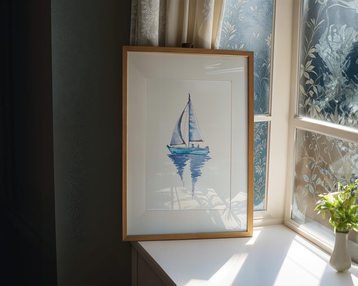 Blue Watercolor Sailboat with Reflection Serene Coastal Poster - Image 3