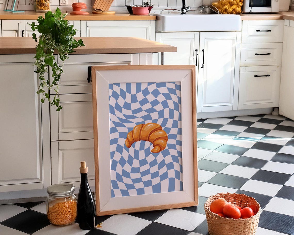 French Croissant on Blue Wavy Checkered Retro Kitchen Poster - Image 2