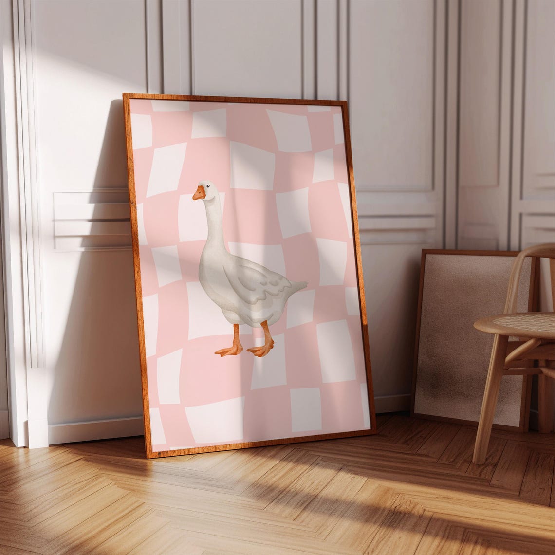 White Goose on Pink Wavy Checkered Trendy Preppy Animal Poster - Image 3
