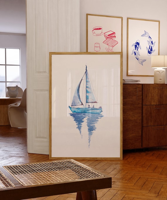 Blue Watercolor Sailboat with Reflection Serene Coastal Poster