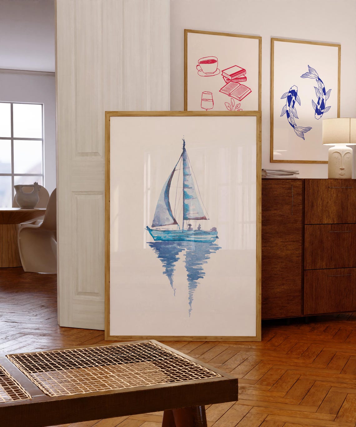 Blue Watercolor Sailboat with Reflection Serene Coastal Poster